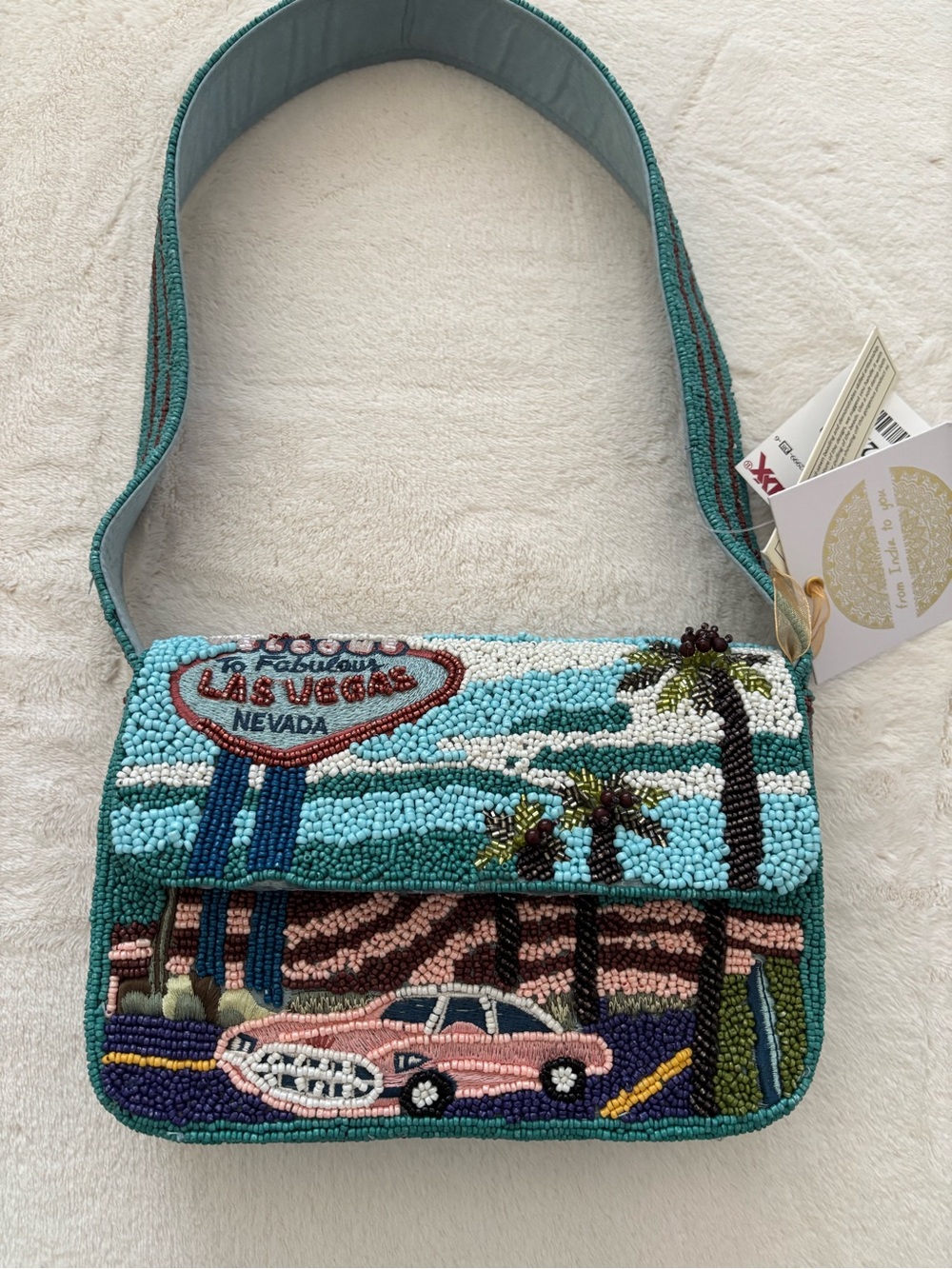 Beaded Las Vegas Scenic Shoulder Bag - Teal & Pink